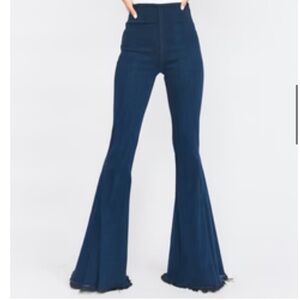 Show Me Your Mumu Berkeley Bells Denim Blue Jeans XL Bell Bottom Raw Hem Thunder